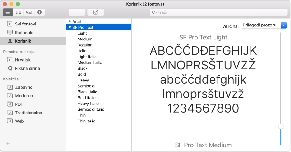 Prozor Knjige fontova koji prikazuje novi instalirani font.