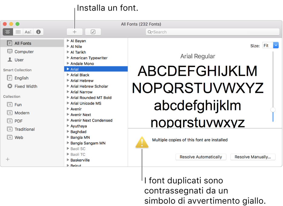 La finestra di Libro Font con il pulsante Aggiungi nella barra degli strumenti, per l’aggiunta di font e, nell’angolo in basso a destra, un simbolo di avvertimento giallo che evidenzia i font duplicati.