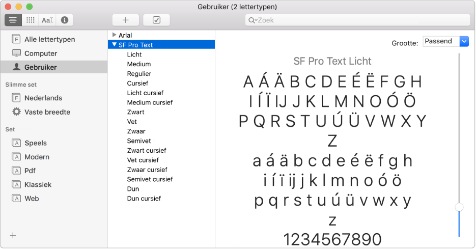 Het venster van Lettertypecatalogus met een onlangs geïnstalleerd lettertype.
