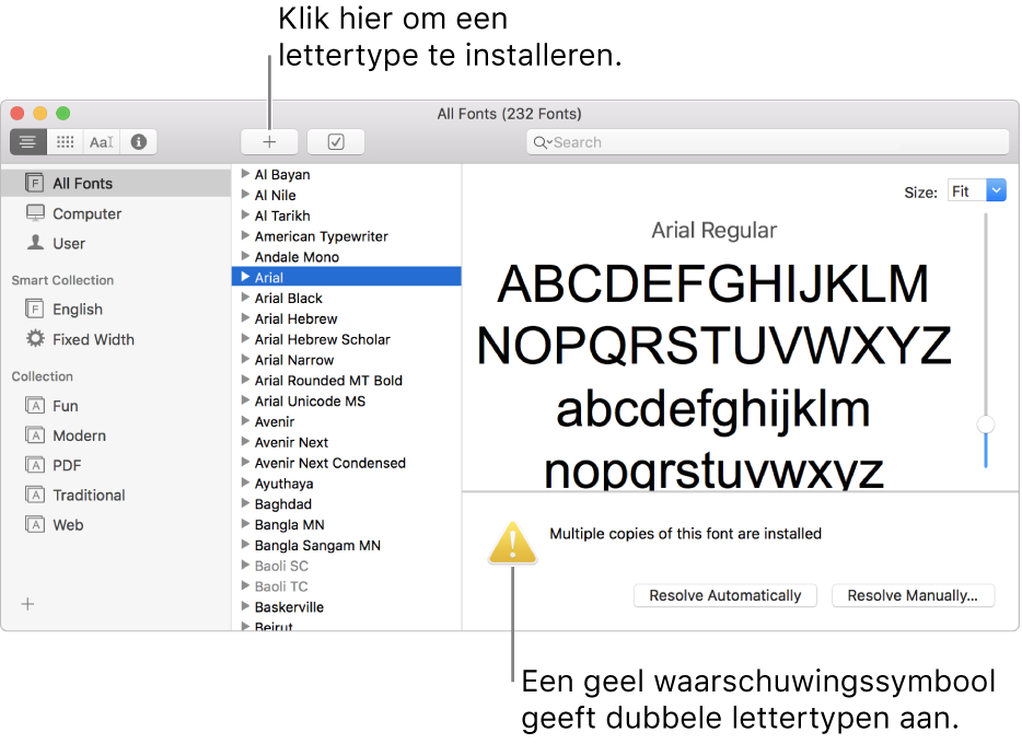 Het venster van Lettertypecatalogus met in de knoppenbalk de plusknop waarmee je lettertypen kunt toevoegen. Een geel waarschuwingssymbool linksonderin geeft aan dat er dubbele lettertypen zijn.