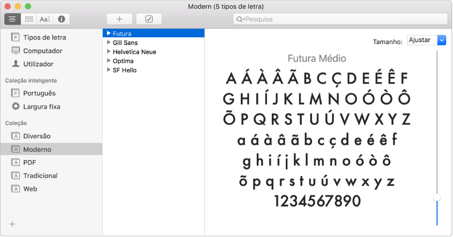 A janela do Catálogo Tipográfico a mostrar a coleção de tipos de letra Moderno.