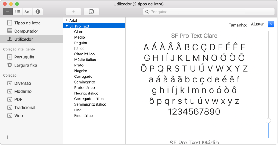 A janela do Catálogo Tipográfico a mostrar um tipo de letra recém-instalado.