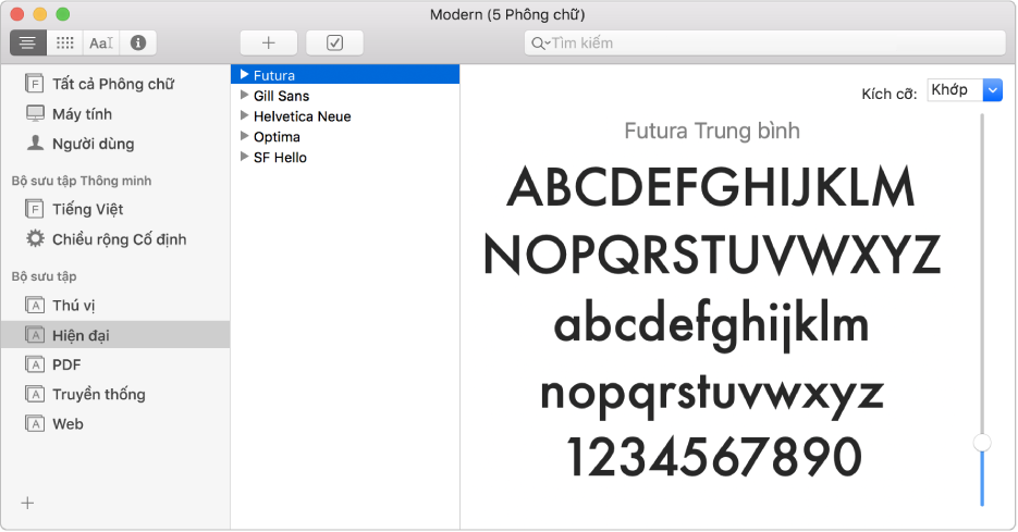 Cửa sổ Sổ quản lý phông chữ đang hiển thị bộ sưu tập Hiện đại của các phông chữ.