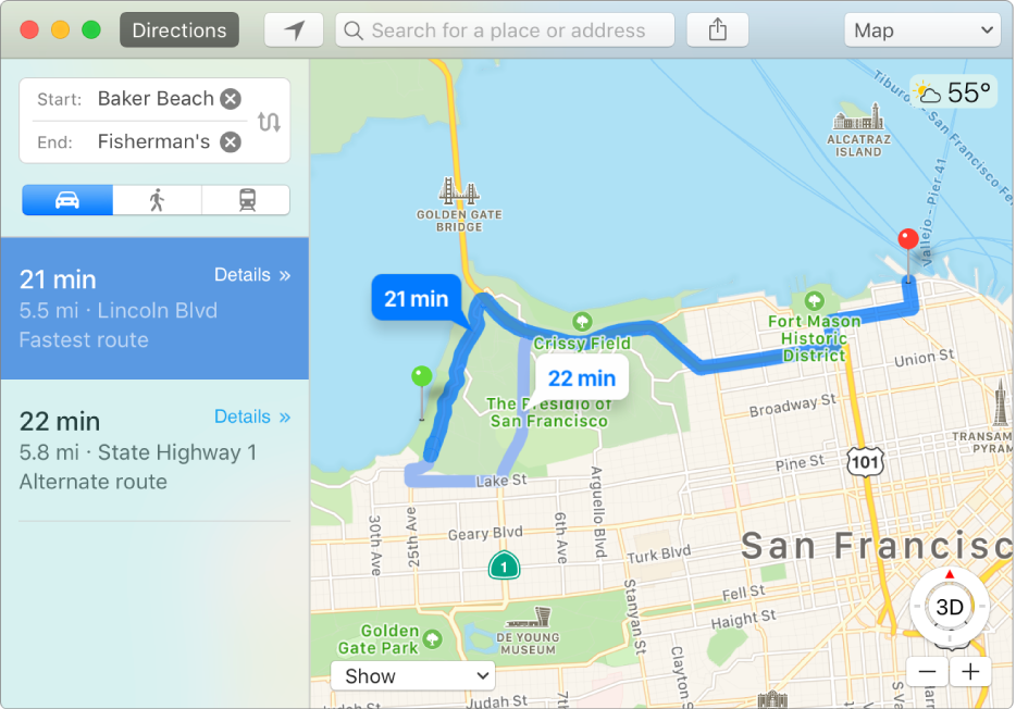 Maps window showing a route to a destination.