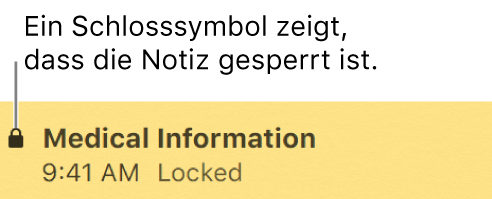 Gesperrte Notiz mit dem Schlosssymbol ganz links.