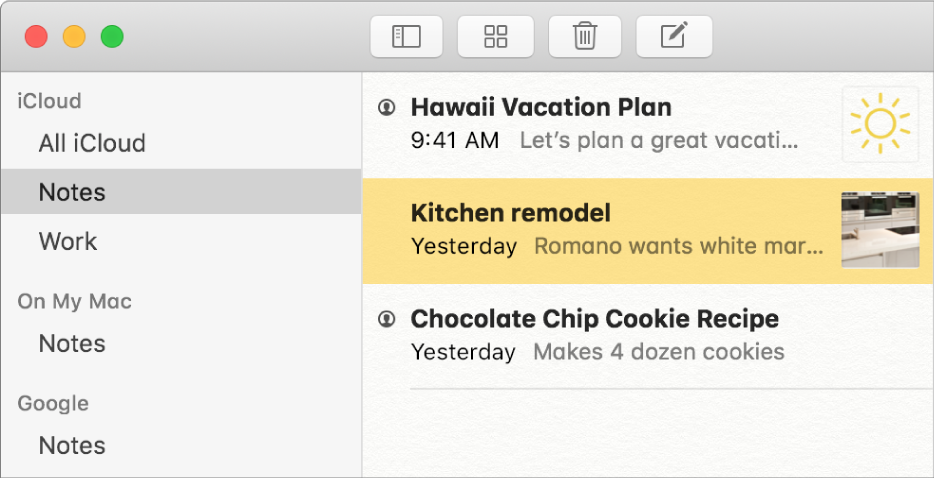 The list of accounts in Notes showing iCloud, On My Mac and other accounts such as Google.