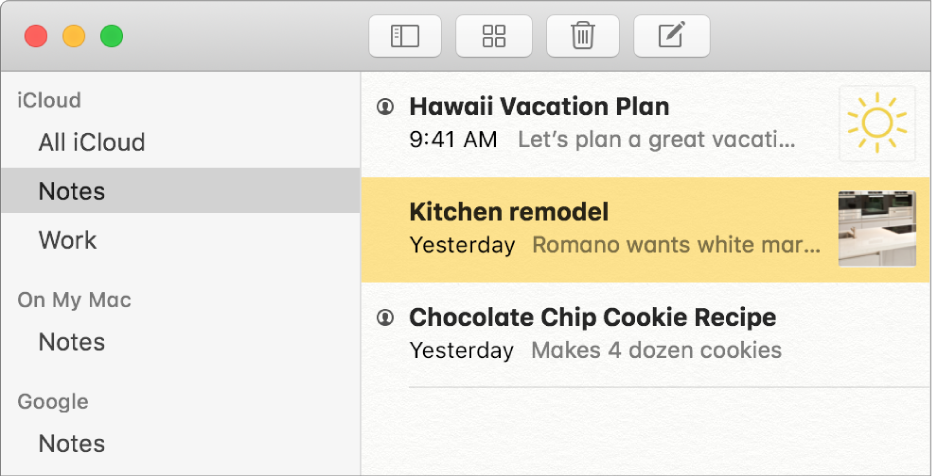 ลิสต์ของบัญชีในแอพโน้ตซึ่งแสดงบัญชีของ iCloud, บน Mac ของฉัน และบัญชีอื่นๆ เช่น Google