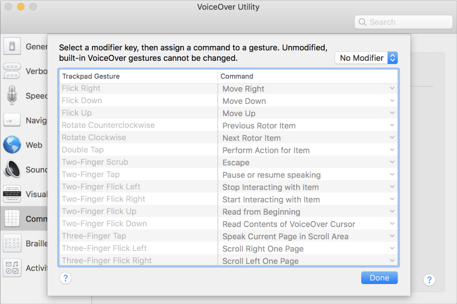 Daftar gerakan VoiceOver dan perintah yang sesuai yang ditampilkan di Pemberi Perintah Trackpad di Utilitas VoiceOver.