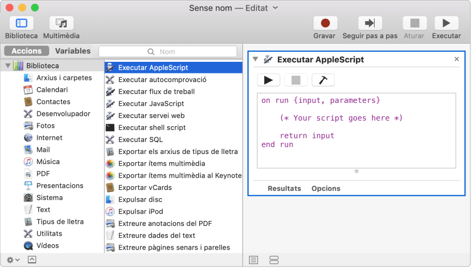 Finestra de l’Automator amb una acció d’executar AppleScript.