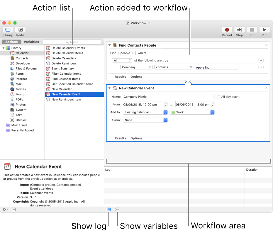 The Automator window. The Library appears at the far left and contains a list of apps that Automator provides actions for. The Calendar app is selected in the list and actions available in Calendar are listed in the column to the right. On the right side of the window is a workflow that has a Calendar action added to it.