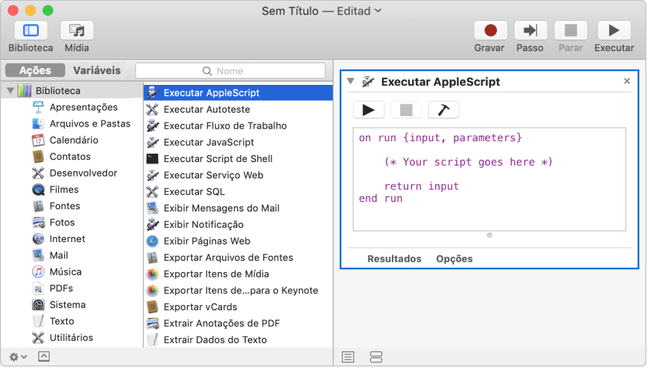 Janela do Automator com uma ação Executar AppleScript.