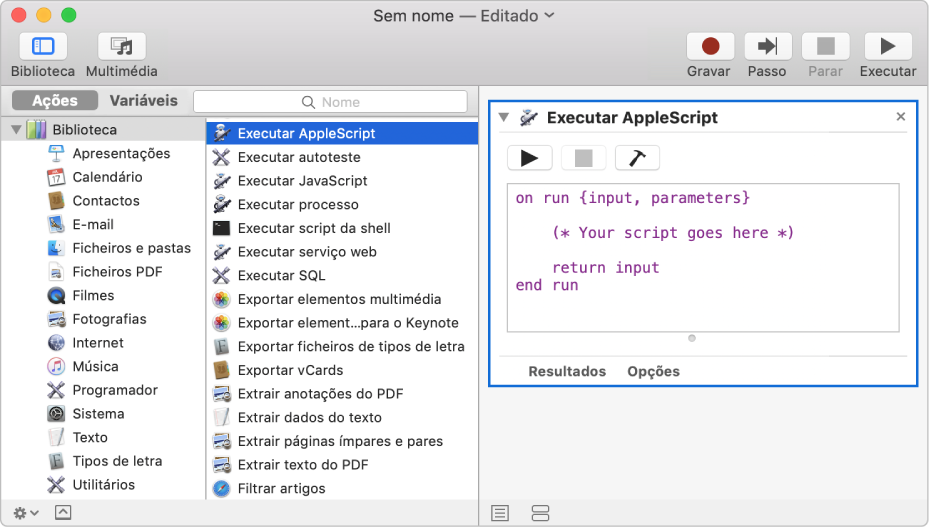 A janela do Automator com a ação “Executar AppleScript”