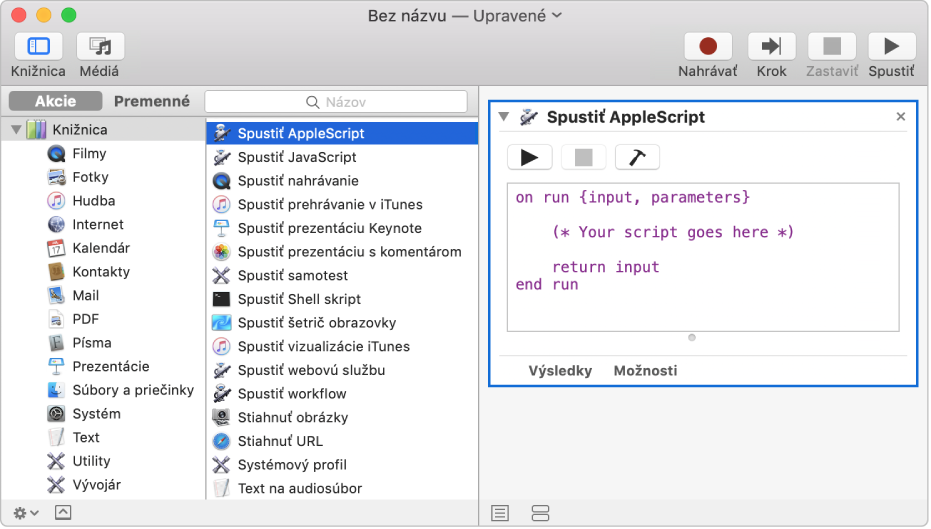 Okno aplikácie Automator s akciou Spustiť AppleScript.