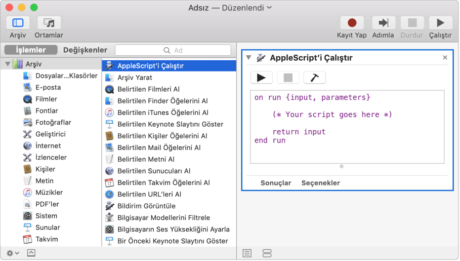 AppleScript’i Çalıştır ile Automator penceresi.