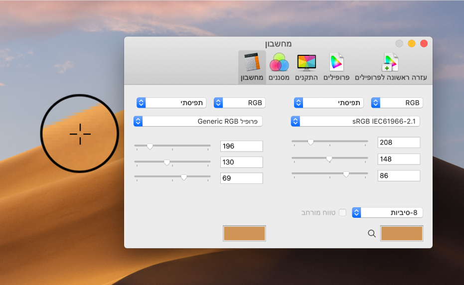 החלונית ״מחשבון״ מציגה את ערכי הצבעים עבור פיקסל בשני פרופילי צבעים שונים.