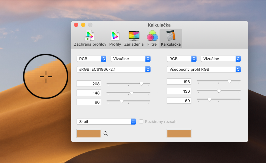 Panel Kalkulačka zobrazujúci farebné hodnoty pixelu v dvoch rôznych farebných profiloch.