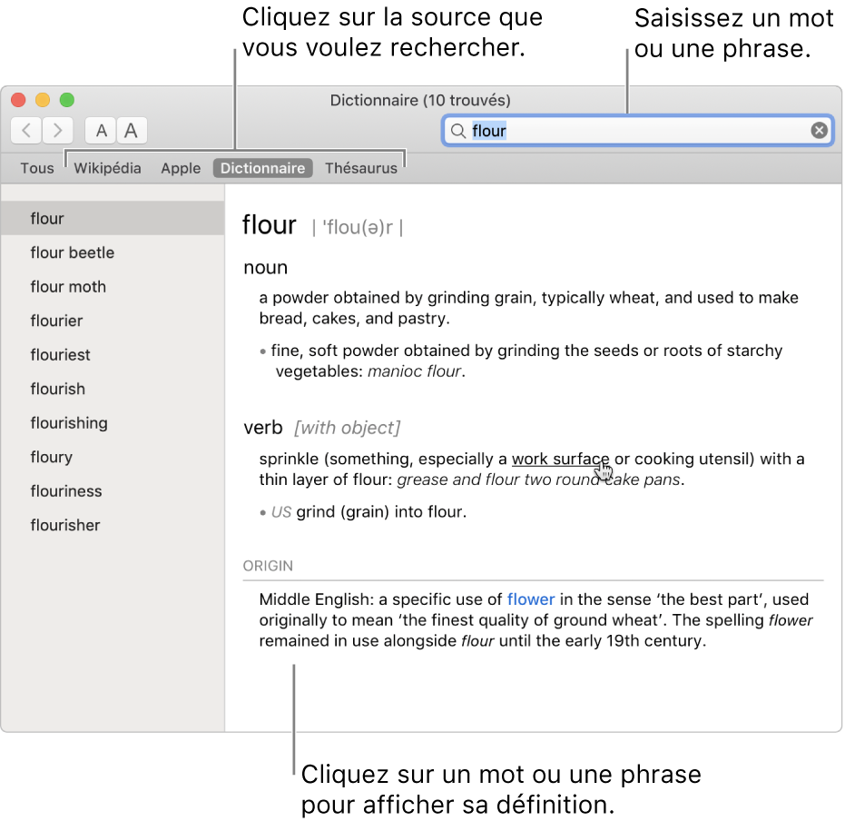 Fenêtre Dictionnaire complète affichant une définition. Cliquez sur un mot ou une phrase dans une définition pour afficher sa définition. Pour sélectionner une source à rechercher, cliquez sur son nom dans la barre des sources, sous la barre d’outils. Saisissez un mot ou une expression dans le champ de recherche.