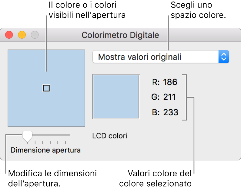 La finestra di Colorimetro digitale, che mostra il colore selezionato nell'apertura a sinistra, il menu a comparsa Spazio colore, i valori colore e il cursore “Dimensione apertura”.