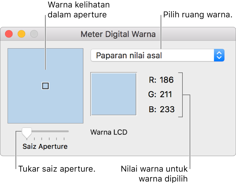 Tetingkap Meter Digital Warna, menunjukkan warna dipilih dalam aperture di sebelah kiri, menu timbul ruang warna, nilai warna dan penggelongsor Saiz Aperture.