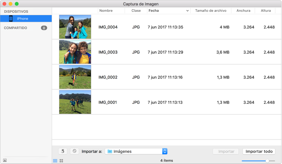 La ventana Captura de Imagen con las imágenes que se van a importar desde un iPhone.