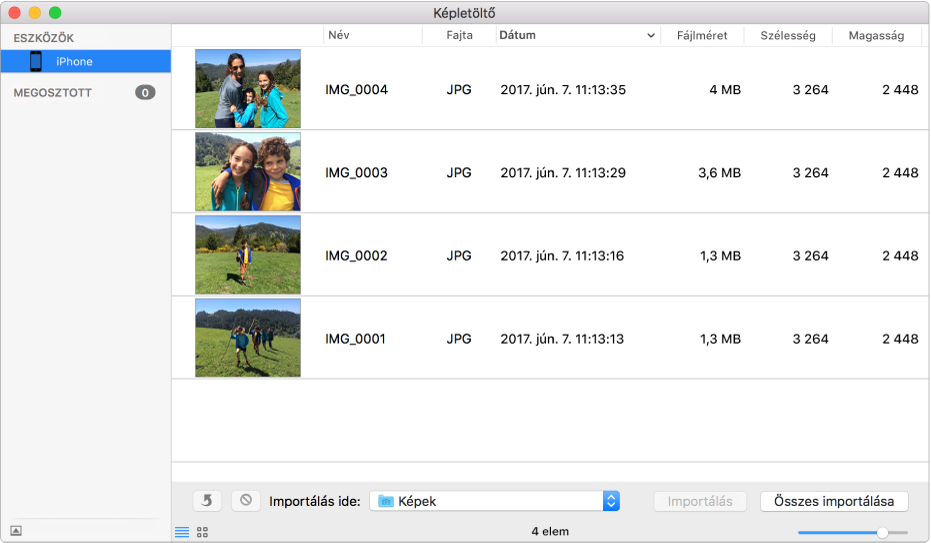 A Képletöltő ablaka, az iPhone-ról importálni kívánt képekkel.