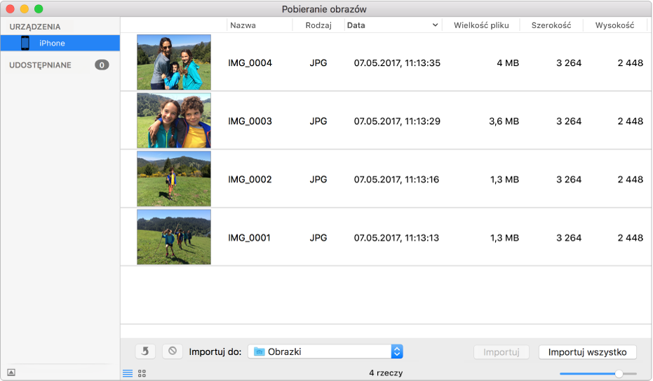 Okno aplikacji Pobieranie obrazów, wyświetlające zdjęcia przeznaczone do zaimportowania z iPhone'a.