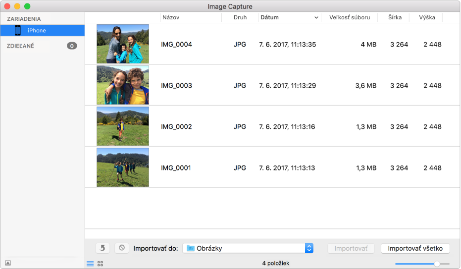 Okno Image Capture zobrazujúce obrázky na importovanie z iPhonu.