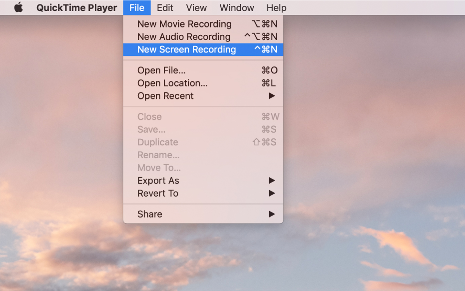In the QuickTime Player app, the File menu is open, and the New Screen Recording command is being chosen to start recording the screen.
