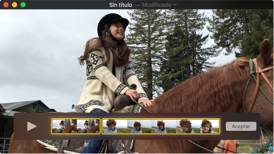 La ventana de QuickTime Player con el editor de clips en la parte inferior.
