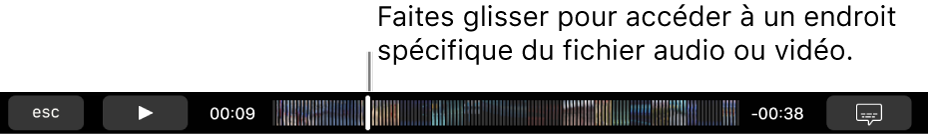 Les commandes de lecture dans la Touch Bar. Le bouton Lecture/Pause est à gauche, à côté de la tête de lecture que vous pouvez déplacer pour accéder à un moment précis du fichier. À gauche de la tête de lecture s’affiche le temps écoulé, et à droite le temps restant.