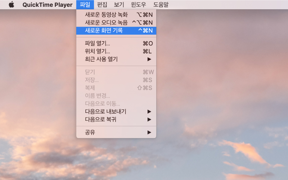 QuickTime Player 앱에서 파일 메뉴가 열려 있고 화면 기록을 시작하기 위해 새로운 화면 기록 명령을 선택하고 있음.