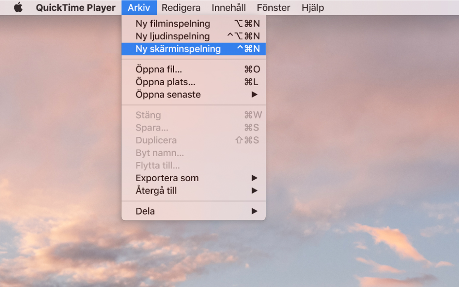 Menyn Arkiv är öppen i programmet QuickTime Player, och kommandot Ny skärminspelning väljs för att börja spela in skärmen.