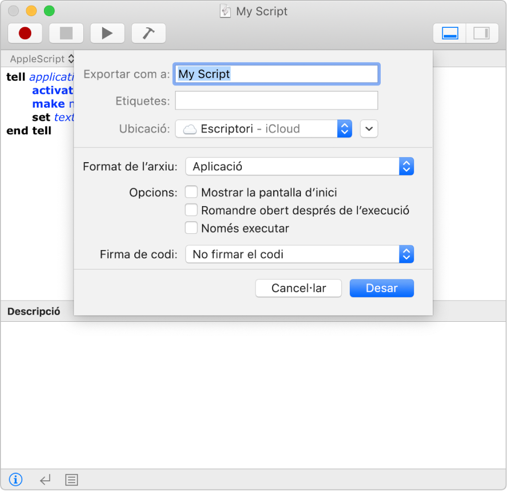 El quadre de diàleg Exportar, que mostra el menú desplegable “Format de l’arxiu” amb l‘opció Script seleccionada i les opcions que pots especificar quan desis l‘script.