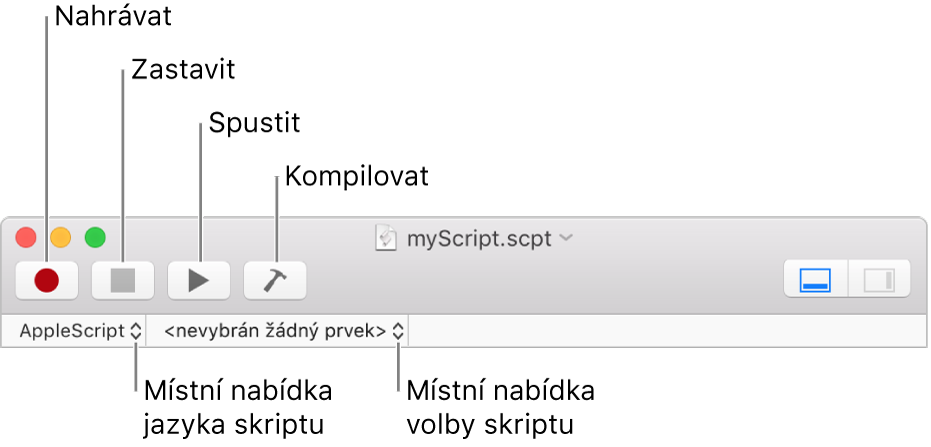 Panel nástrojů editoru skriptů s ovládacími prvky pro záznam, zastavení, spuštění, kompilaci, jazyk skriptu a navigaci ve skriptu