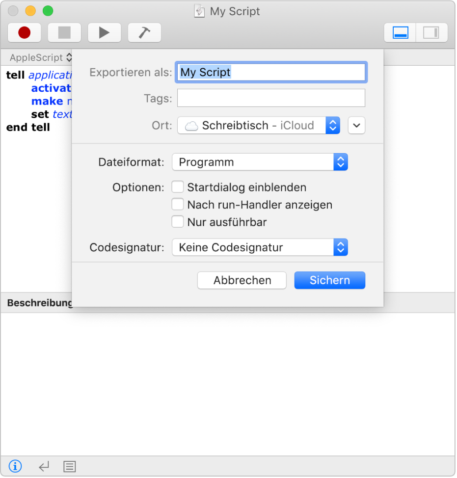 Das Dialogfenster „Exportieren“ mit dem Einblendmenü „Dateiformat“ und ausgewählter Option „Skript“ sowie den Optionen, die du zum Sichern deines Skripts festlegen kannst