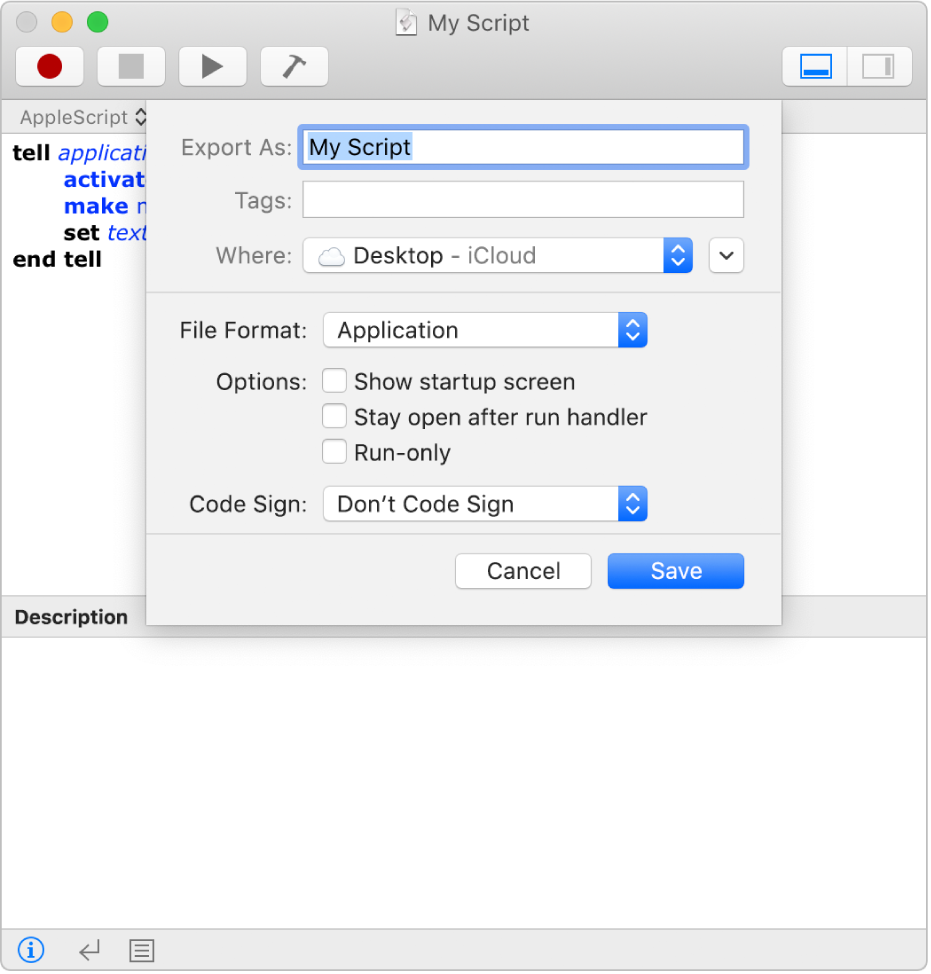 The Export dialogue showing the File Format pop-up menu with Script selected and the options you can set when saving your script.