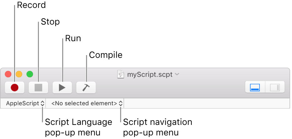 The Script Editor toolbar showing the record, stop, run, compile, script language, and script navigation controls.