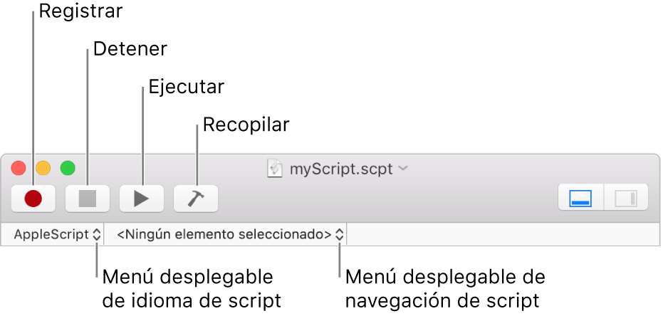 La barra de herramientas de Editor de Scripts mostrando los controles para grabar, detener, ejecutar, compilar, navegar por un script y elegir el idioma del script.
