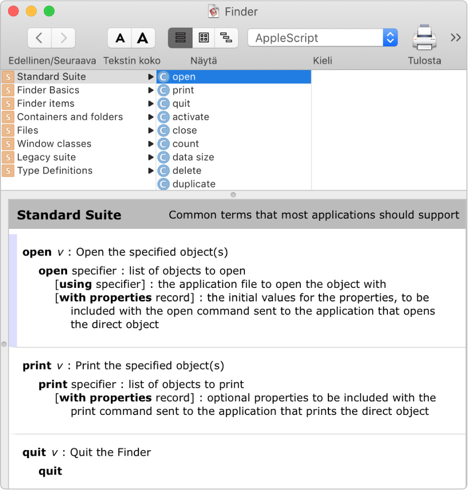 AppleScript-sanakirja Finderille.