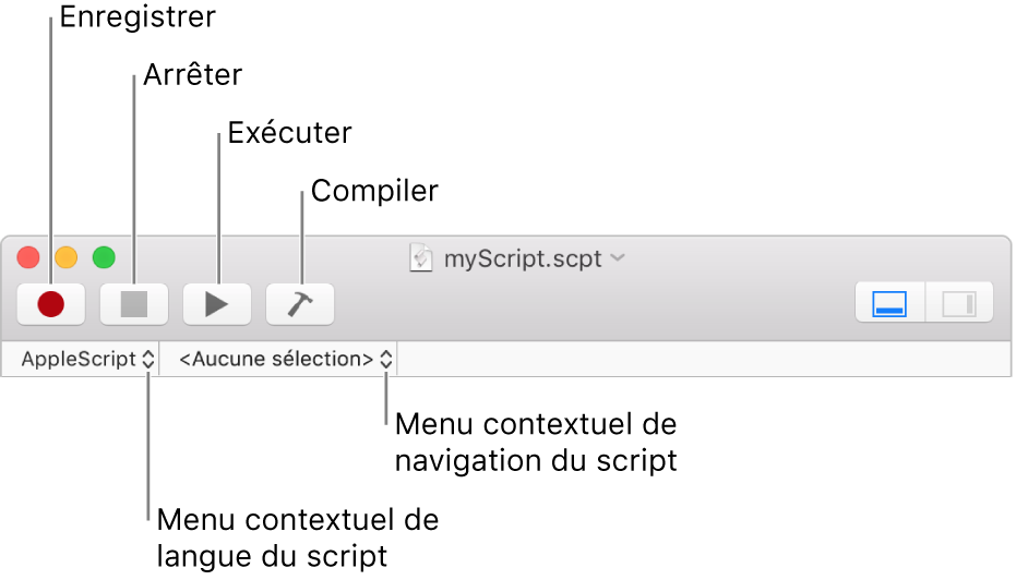 Barre d’outils d’Éditeur de script affichant les commandes d’enregistrement, d’arrêt, d’exécution, de compilation, de langage de script et de navigation dans le script.