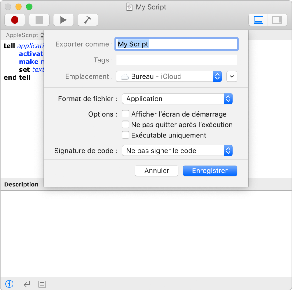 Zone de dialogue Exporter affichant le menu local Format de fichier avec l’option Script sélectionnée et les options que vous pouvez définir lors de l’enregistrement de votre script.