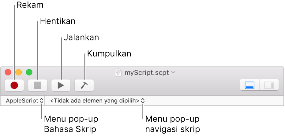 Bar alat Editor Skrip menampilkan rekam, hentikan, jalankan, kumpulkan, bahasa skrip, dan kontrol navigasi skrip.