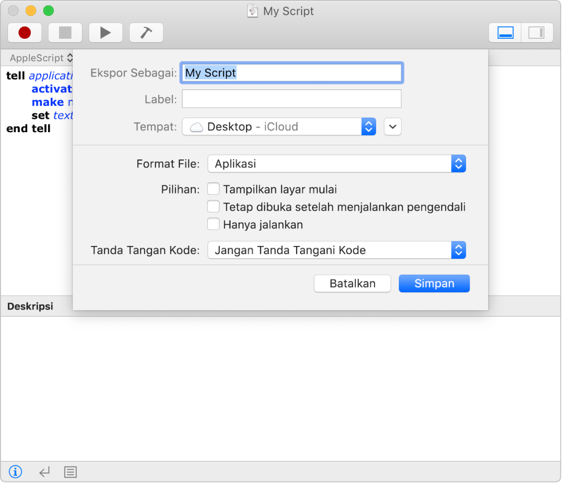 Dialog Ekspor menampilkan menu pop-up Format File dengan Skrip dipilih dan pilihan yang dapat Anda atur saat menyimpan skrip Anda.