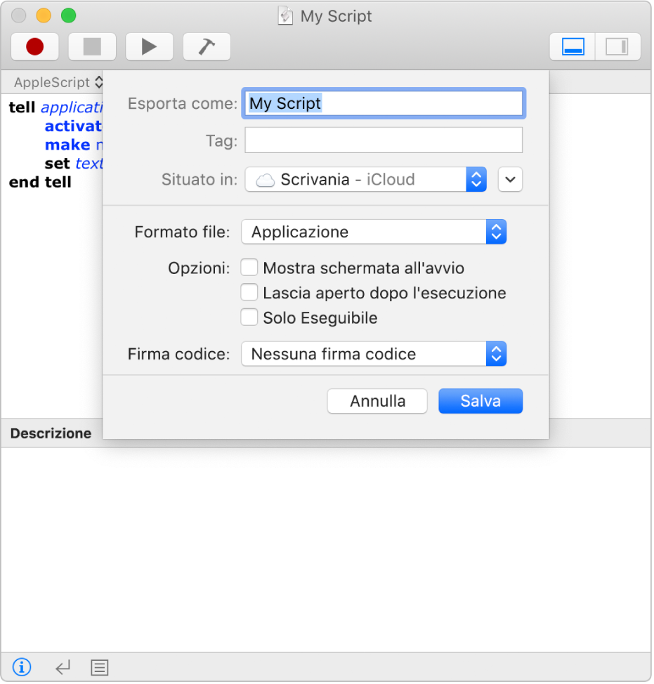La finestra di dialogo dell’esportazione che mostra il menu a comparsa “Formato file” con la voce Script selezionata e le opzioni di salvataggio dello script.