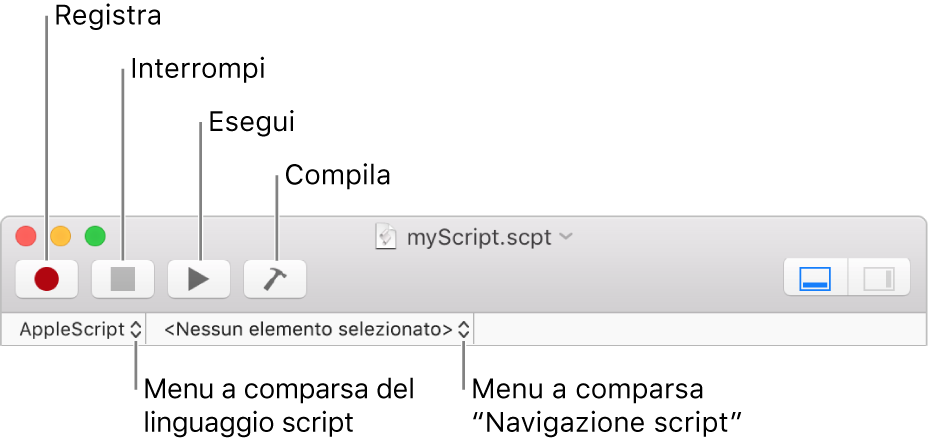 La barra degli strumenti di Script Editor che mostra i controlli per registrare, interrompere, eseguire, compilare gli script, navigare al loro interno e per il linguaggio di script.