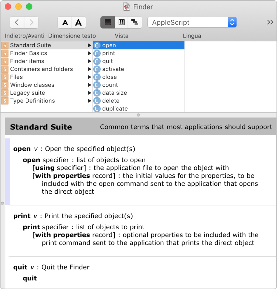 Il dizionario AppleScript per il Finder.