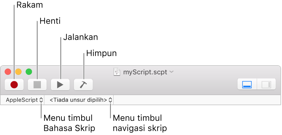 Bar alat Editor Skrip menunjukkan rakam, berhenti, jalan, kompil, bahasa skrip dan kawalan navigasi skrip.