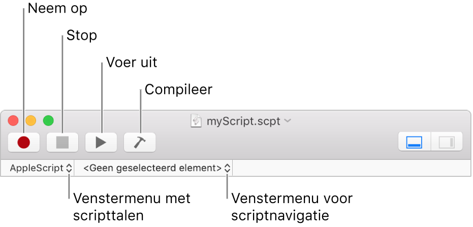 De knoppenbalk van Scripteditor met de regelaars voor opnemen, stoppen, uitvoeren, scripttaal en scriptnavigatie.