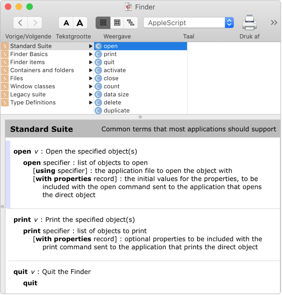 Het AppleScript-woordenboek voor de Finder.