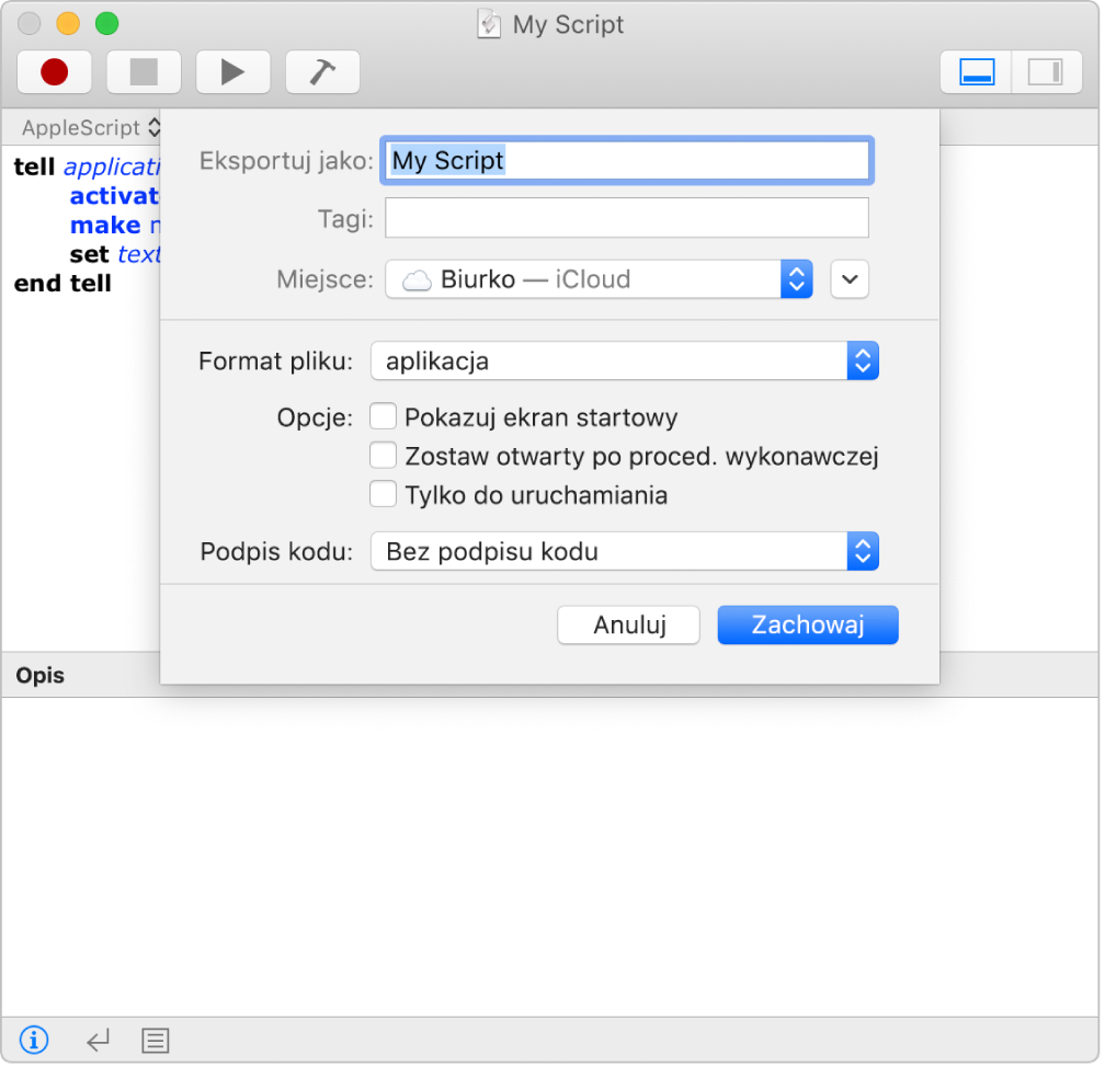 Okno dialogowe eksportowania, zawierające menu Format pliku, w którym wybrana jest pozycja „skrypt”. Widoczne są również opcje, które można ustawić podczas zachowywania skryptu.